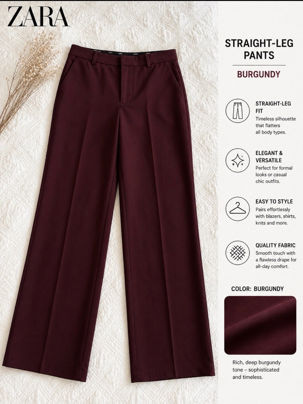 Zara Straight-Leg Pants in Burgundy- Size 2 Made in Spain